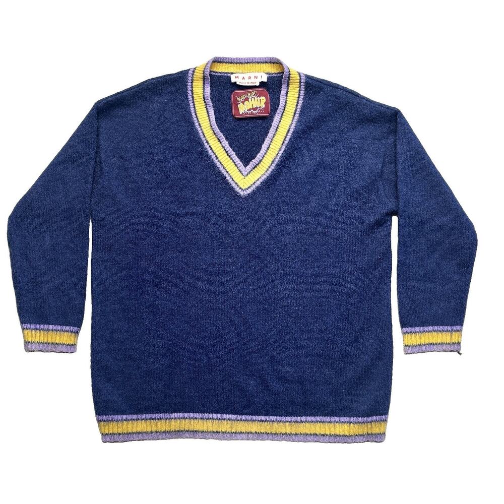 Marni Fuzzy Wuzzy Mohair V Sweater IT 38 Blue Purple Yellow Italy Oversized